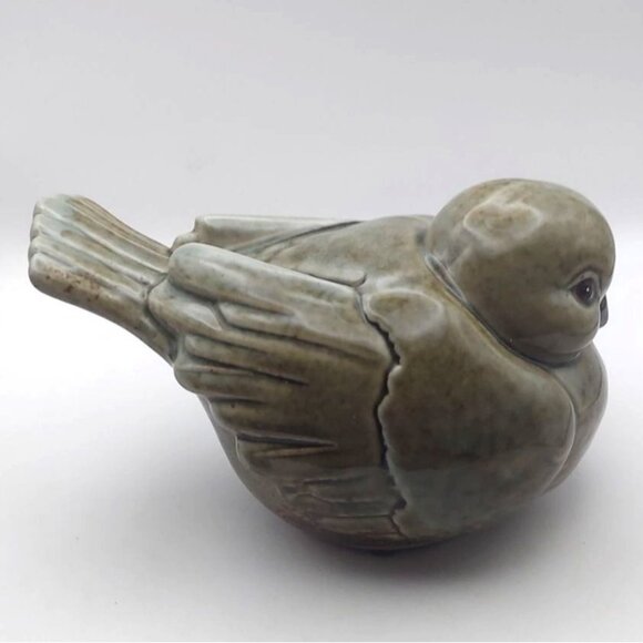 Glazed Ceramic Chubby Resting Bird Decorative Figurine Blue & Brown Home Decor - Picture 1 of 7